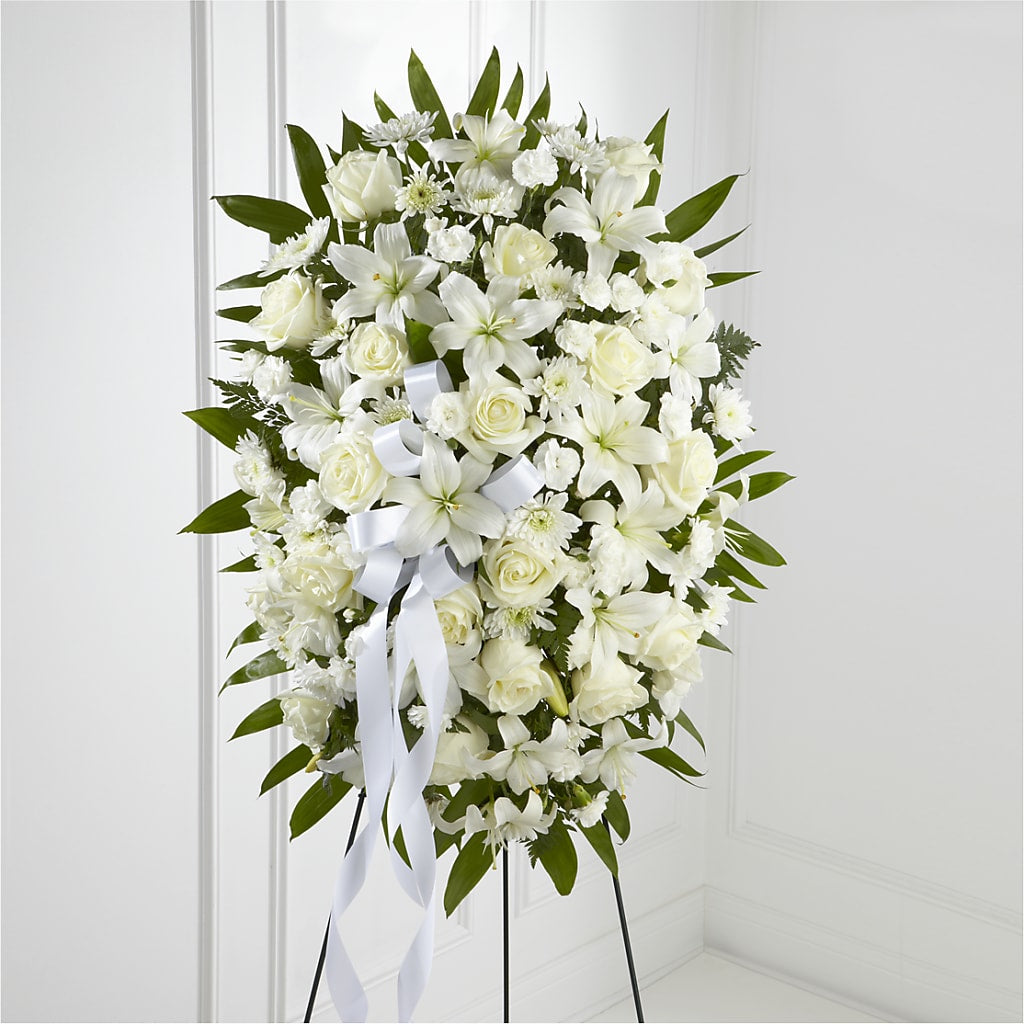 Exquisite Tribute Standing Spray-White Ribbon – Bella Fiore, Clermont FL