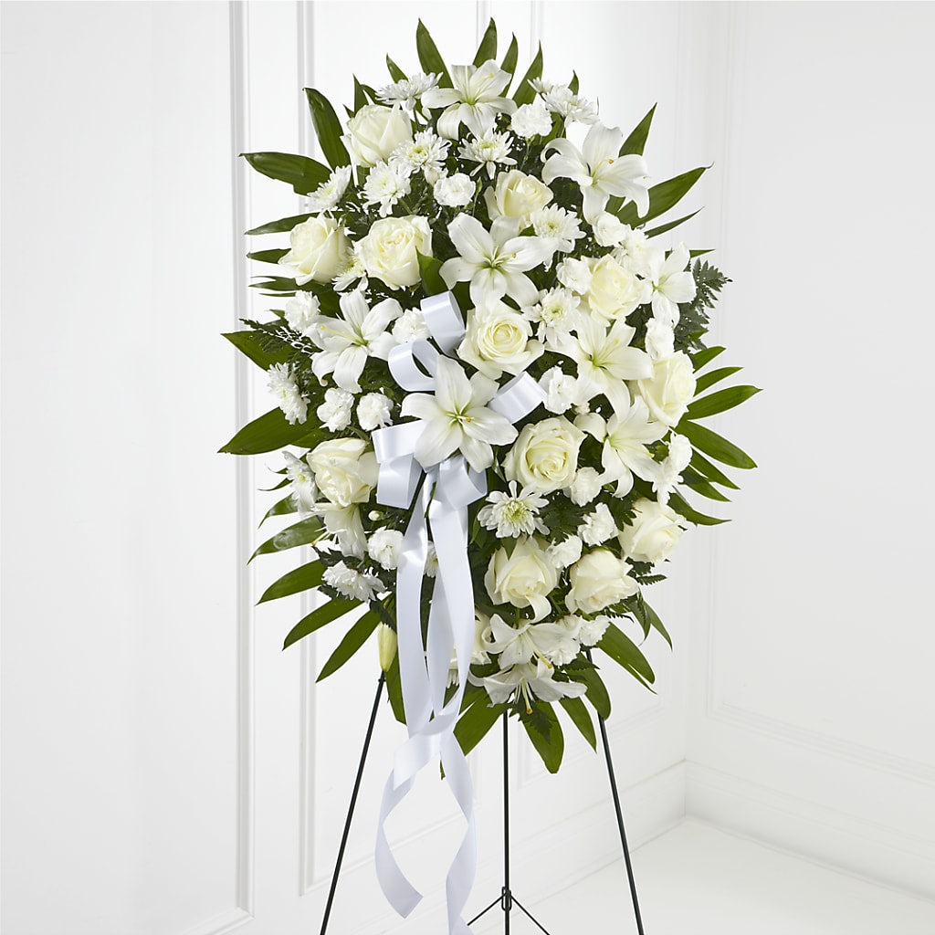 Exquisite Tribute Standing Spray-White Ribbon – Bella Fiore, Clermont FL